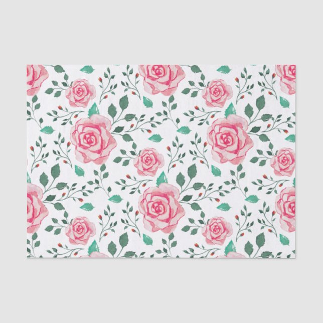 Pink Aquarellfarben-Rose und Grünfolienmuster Seidenpapier (Vorderseite)