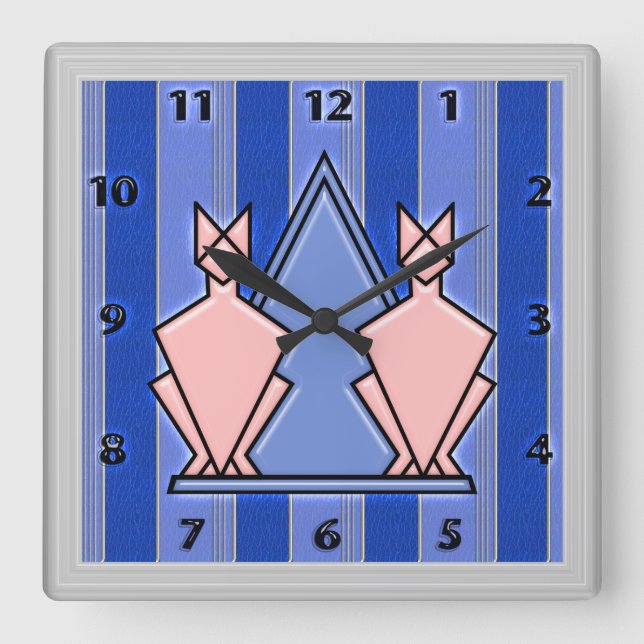 Pink Art Deco Cats on Blue Striped Background Quadratische Wanduhr (Vorderseite)