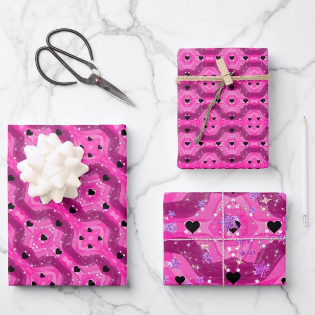 Pink art pop culture black heart geschenkpapier set (Vorderseite)