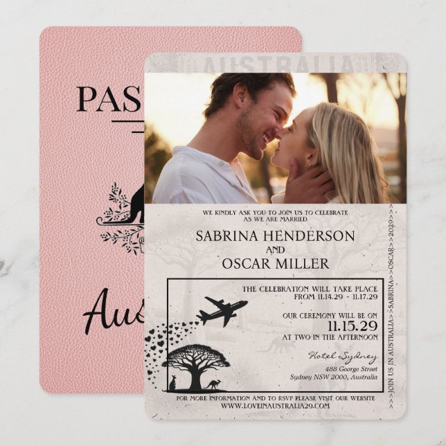 Pink Australia Pass - Einladung zur Hochzeit (Vorne/Hinten)