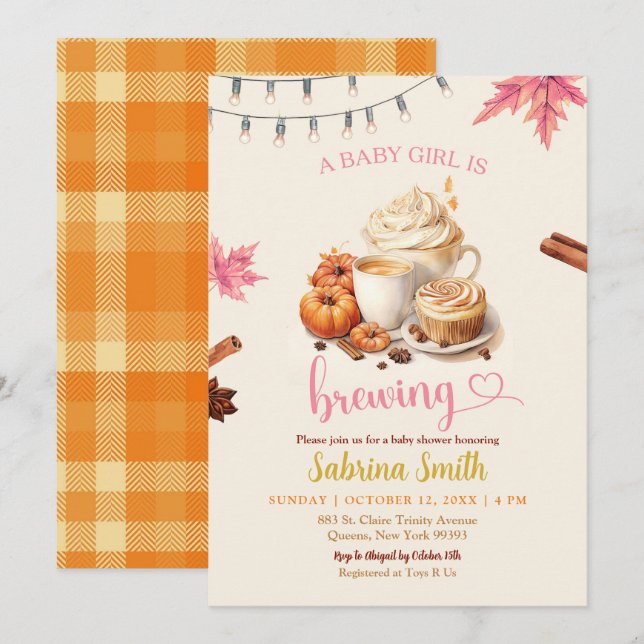 Pink Autumn lässt Pumpkin Coffee Baby Dusche Einladung (Vorne/Hinten)