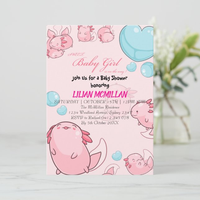 PINK AXOLOTL Baby shower Invitation fille (Debout devant)