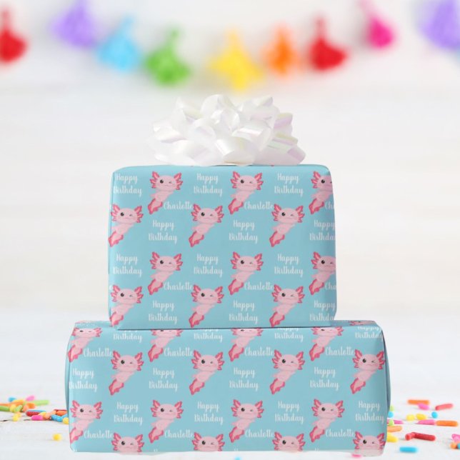 Pink Axolotl Girl Geburtstagswrapping Paper Geschenkpapier (Von Creator hochgeladen)