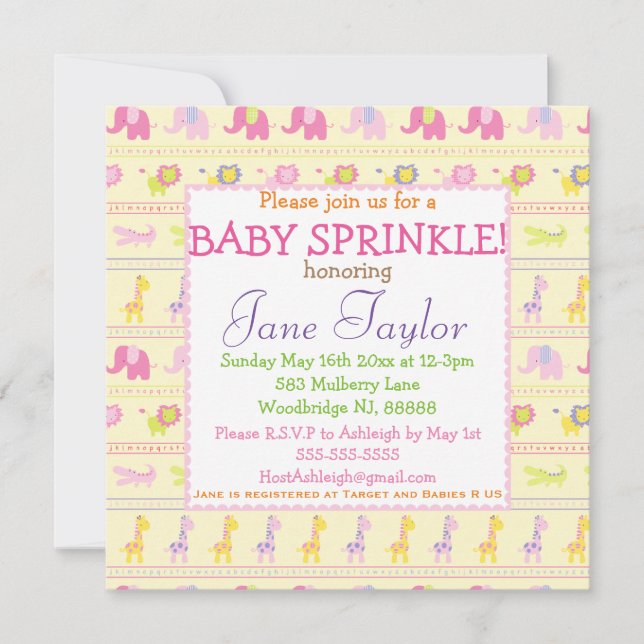 Pink Baby Animals Baby Sprinkle Einladungen (Vorderseite)