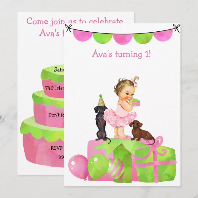 Pink Baby Ballerina Dackel Party Einladung (Vorne/Hinten)