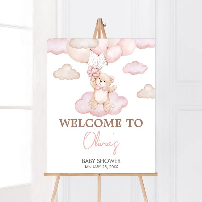 Pink Baby Bear Balloon Baby Dusche Willkommen Poster (Pink Baby Bear Balloon Baby Shower Welcome Sign)
