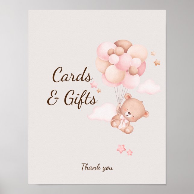 Pink Baby Bear & Balloons Baby Dusche Maßgeschneid Poster (Vorne)