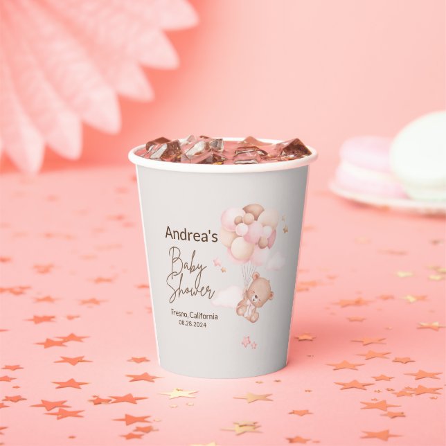Pink Baby Bear & Balloons Babydusche Papiertüten Pappbecher (Insitu)