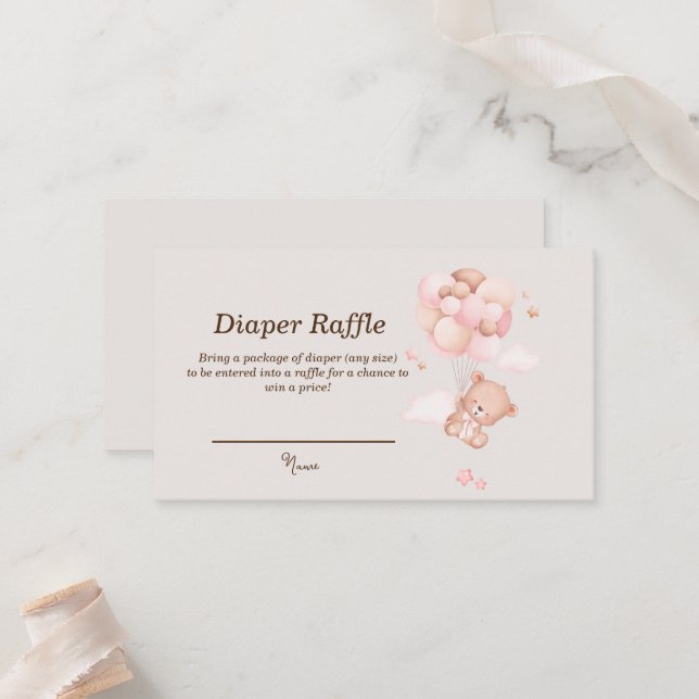 Pink Baby Bear & Balloons Diaper Raffekarten Platzkarte (Vorderseite/Rückseite Beispiel)