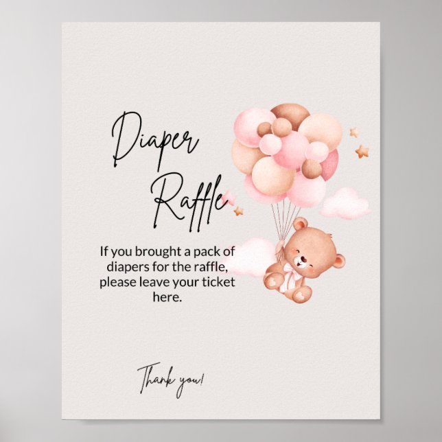 Pink Baby Bear & Balloons Diaper Raffel Poster (Vorne)