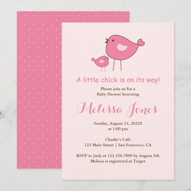 Pink Baby Bird Girl Babydusche Einladung (Vorne/Hinten)
