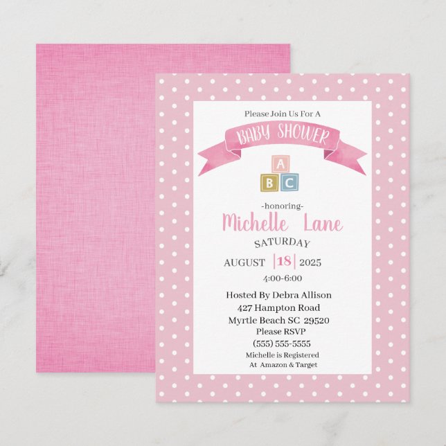 Pink Baby Blocks Girl Dusche Einladung (Vorne/Hinten)