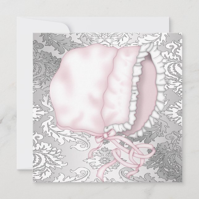 Pink Baby Bonnett Damask Baby Dusche Einladung (Vorderseite)