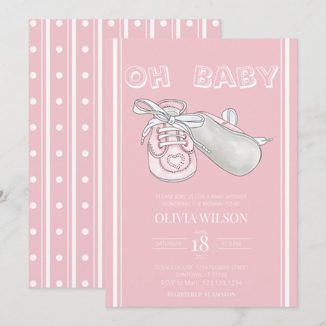 Pink Baby Bootie Aquarelle Baby shower Invitation (Devant / Derrière)