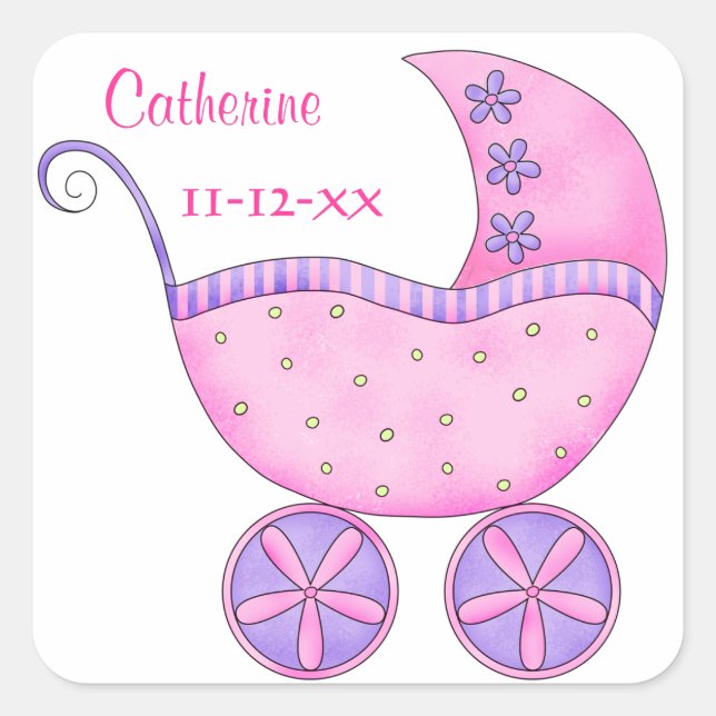 Pink Baby Buggy Boy Name Geburtsdatum Ankündigung Quadratischer Aufkleber (Vorderseite)
