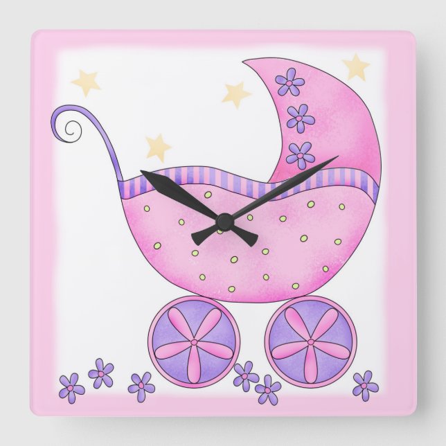Pink Baby Buggy Carriage Customized Quadratische Wanduhr (Vorderseite)