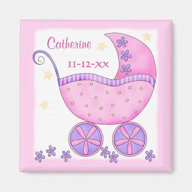 Pink Baby Buggy Carriage Name Geburtsdatum Magnet (Vorne)