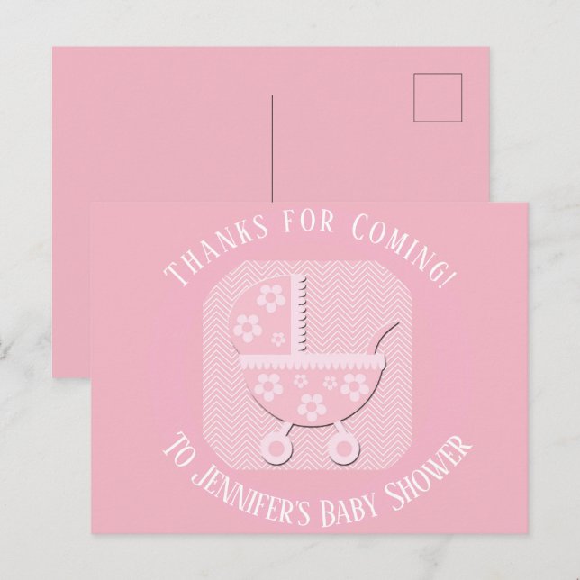 Pink Baby Buggy Girl Dusche Danke Postkarte (Vorne/Hinten)
