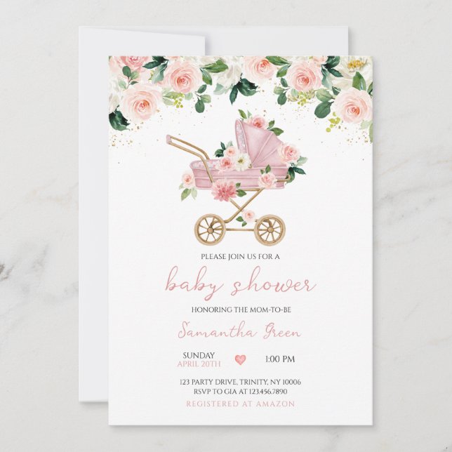 Pink Baby Carriage Baby Dusche Einladung (Vorderseite)