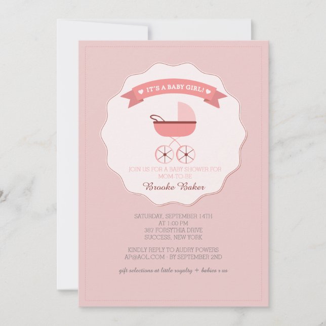  Pink Baby Carriage Baby Shower Einladung (Vorderseite)