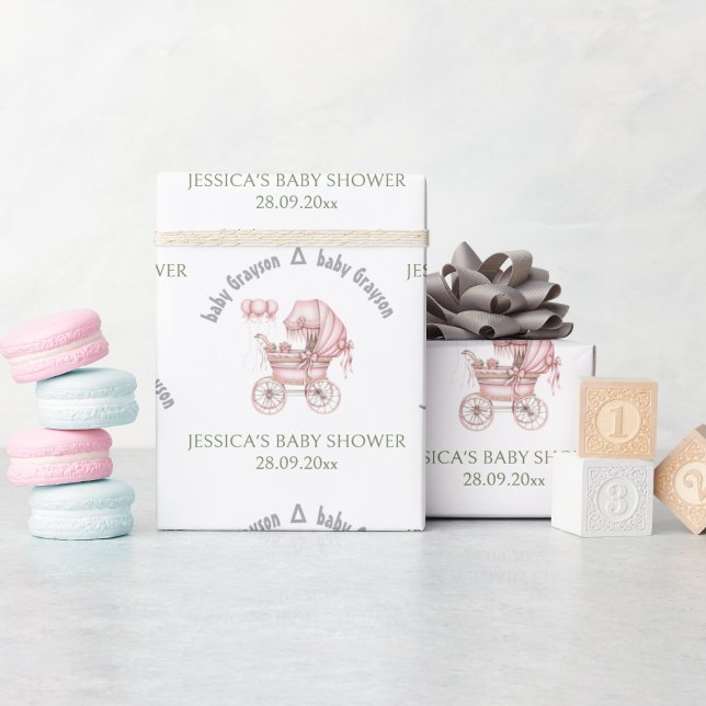 Pink Baby Carriage Personalisiert Baby Shooter Geschenkpapier (Von Creator hochgeladen)
