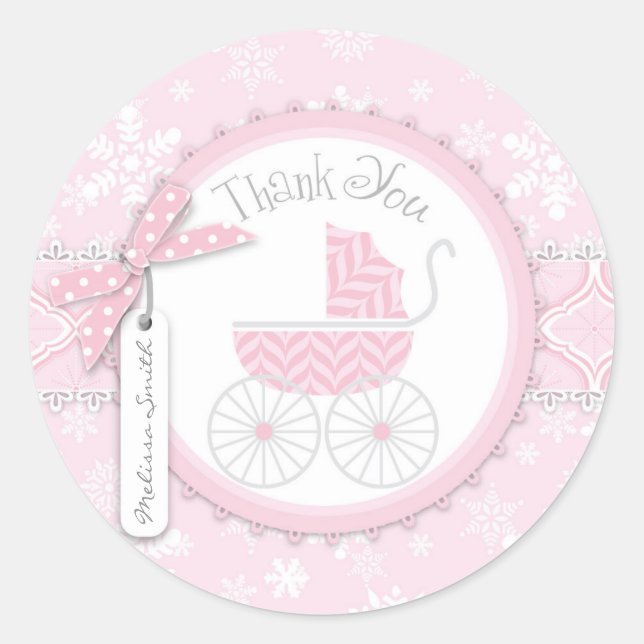 Pink Baby Carriage & Winter Snowflake Danke Runder Aufkleber (Vorderseite)