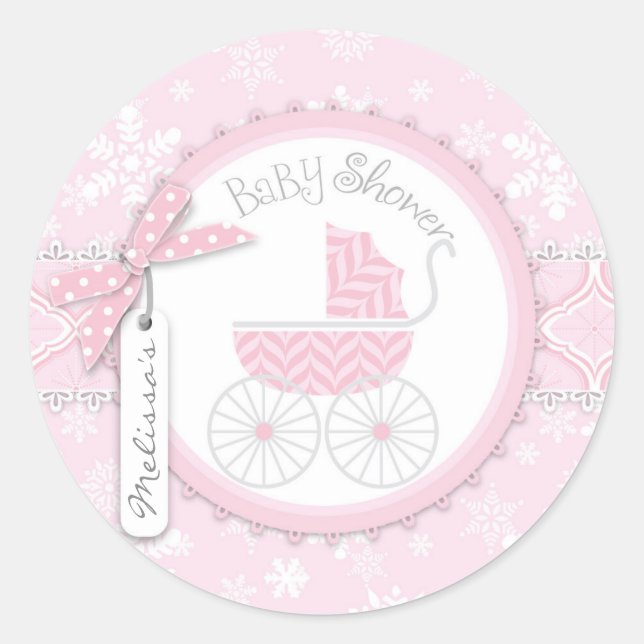 Pink Baby Carriage & Winter Snowflakes Runder Aufkleber (Vorderseite)