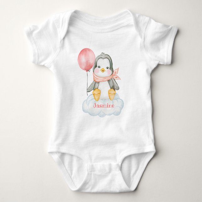Pink Baby Cartoon Pinguin und Cloud Personalisiert Baby Strampler (Vorderseite)