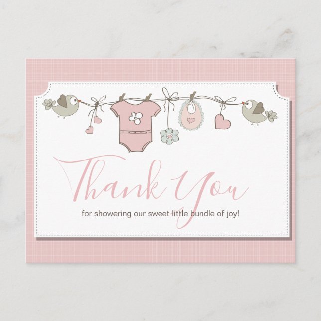Pink Baby Clothesline Baby Dusche Vielen Dank Postkarte (Vorderseite)