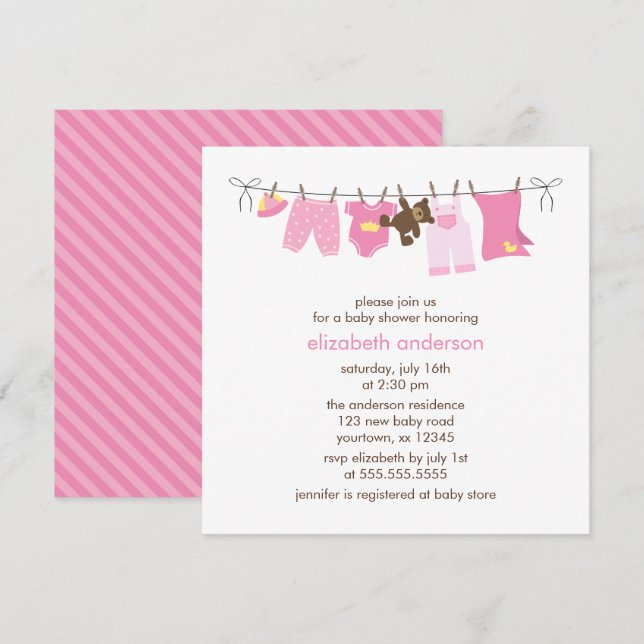 Pink Baby Clothesline Girl Babydusche Einladung (Vorne/Hinten)