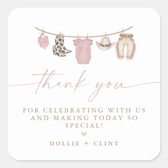 Pink Baby Clothesline Little Cowgirl Baby Shower Quadratischer Aufkleber (Vorderseite)