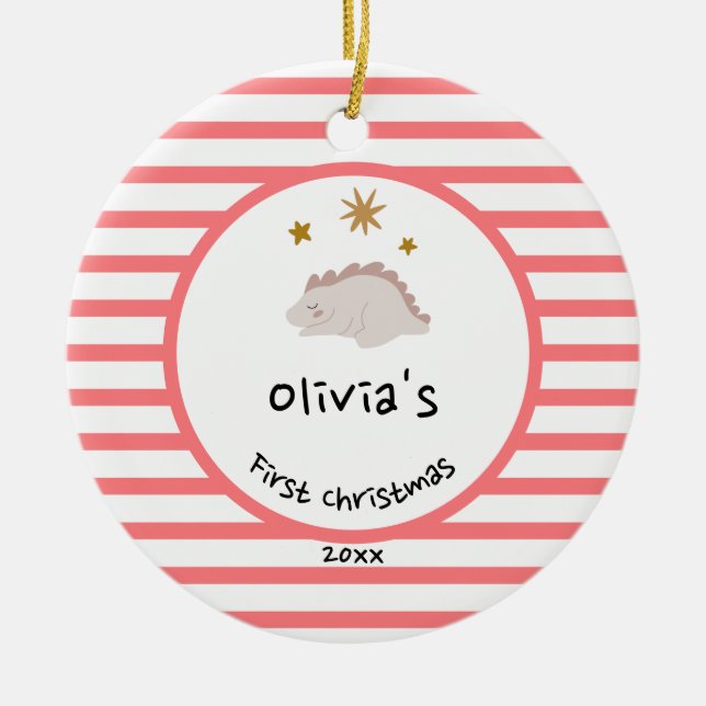Pink Baby Dino | Erster Weihnachts Roter Streifen  Keramik Ornament (Vorne)