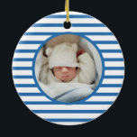 Pink Baby Dino | First Christmas Blue Stripe Chic Keramik Ornament<br><div class="desc">Elegantes, modernes und niedliches Foto Weihnachtsschmuck auf blauem Streifen Muster. Diese Vorlage zeigt eine anmutige Abbildung von Pink Baby Dinosaurier, die unter den goldgelben Sternen schlafen, mit dem Namen des Baby. Umkehren, um ein schönes Baby Foto in rot Streifen Rahmen zu enthüllen. Ideal für Junge und Mädchen. Perfektes Geschenk für...</div>