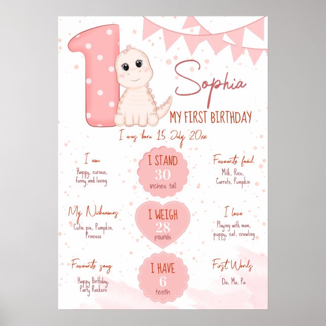 Pink Baby Dinosaurier erster Geburtstag Meilenstei Poster (Vorne)