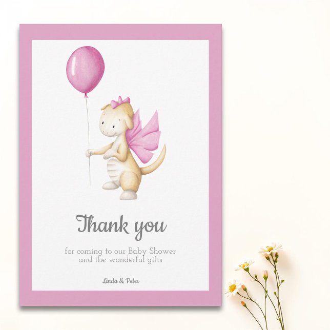 Pink Baby Dragon mit Balloon Girl Baby Dusche Dankeskarte (Von Creator hochgeladen)