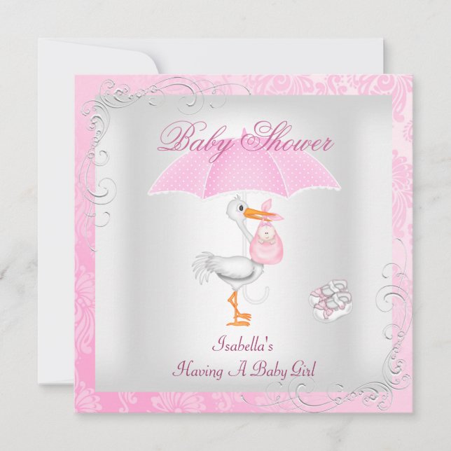Pink Baby Dusche Girl Umbrella Damask Einladung (Vorderseite)