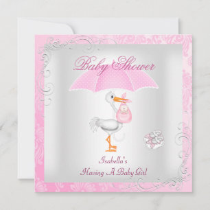 Pink Baby Dusche Girl Umbrella Damask Einladung