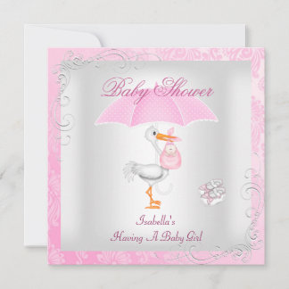 Pink Baby Dusche Girl Umbrella Damask Einladung