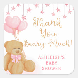 Pink Baby Dusche Teddy Bear Balloons Vielen Dank Quadratischer Aufkleber
