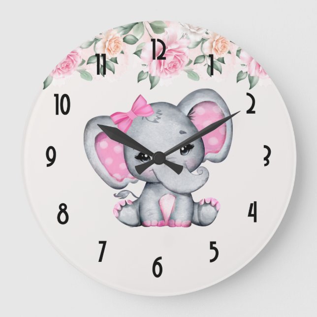 Pink Baby Elephant and Roses Border Große Wanduhr (Vorderseite)