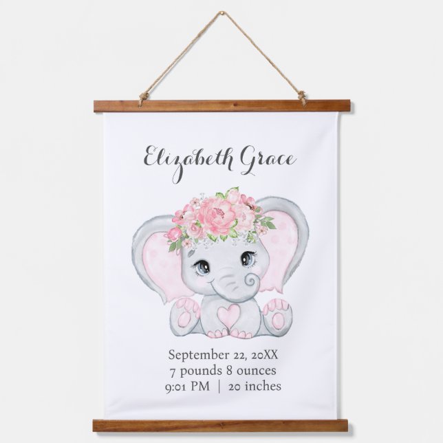 Pink Baby Elephant Birth Stats Baby Duschgeschenk Wandteppich Mit Holzrahmen (Vorderseite)