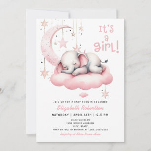 Pink Baby Elephant Moon Stars Girl Baby Dusche Einladung