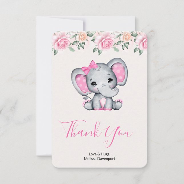 Pink Baby Elephant und Rose Grenze Dankeskarte (Vorderseite)