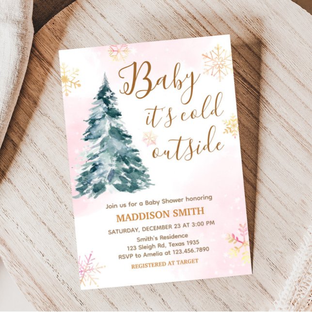 Pink Baby Es ist kalt draußen Babydusche Einladung (Pink Gold Winter Cold Outside Baby Shower Invitation)