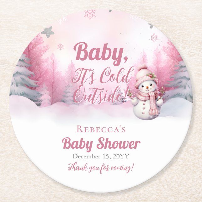 Pink Baby Es ist kalte Outside Snow Girl Babydusch Runder Pappuntersetzer (Vorderseite)