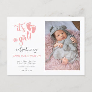 Pink Baby Feet ist ein Girl-Foto Geburtserklärung Ankündigungspostkarte