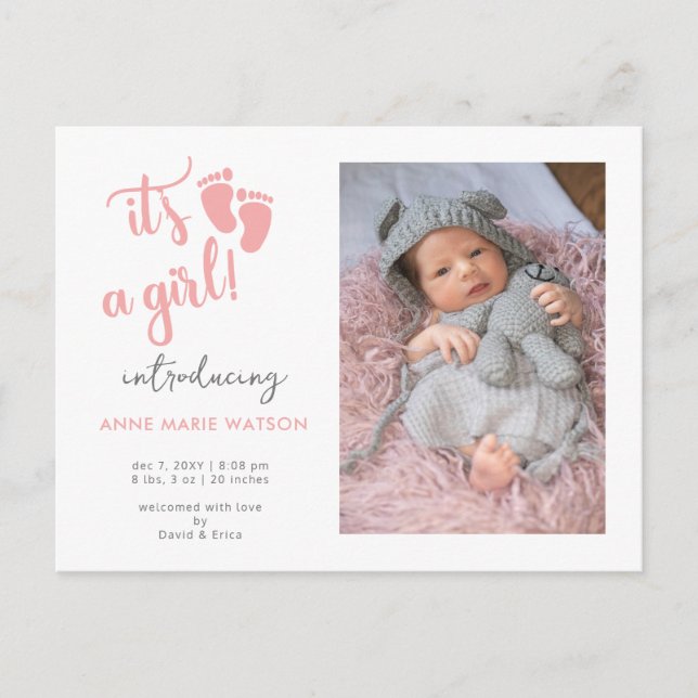 Pink Baby Feet ist ein Girl-Foto Geburtserklärung Ankündigungspostkarte (Vorderseite)