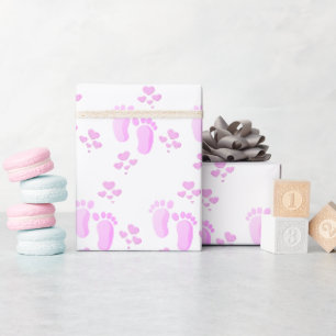 Pink Baby Footprints and Hearts On White Geschenkpapier