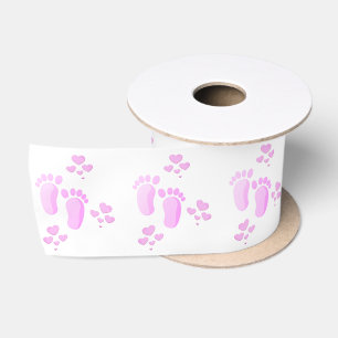 Pink Baby Footprints and Hearts On White Satinband