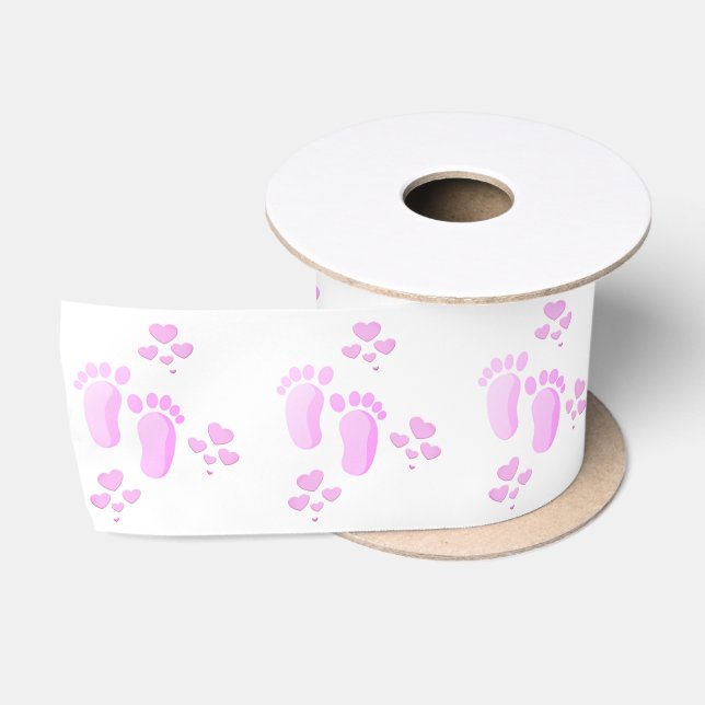 Pink Baby Footprints and Hearts On White Satinband (Spule)
